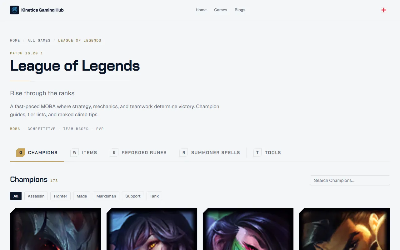 The League of Legends page showing the current patch