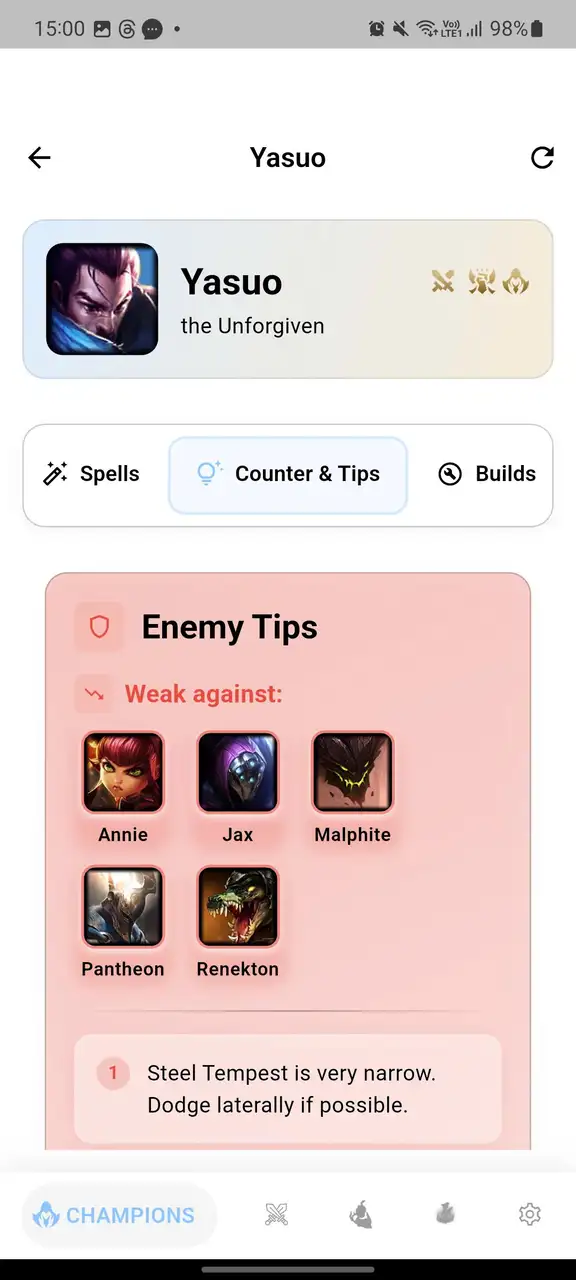 The Counter and Tips tab showing weak matchups and enemy tips