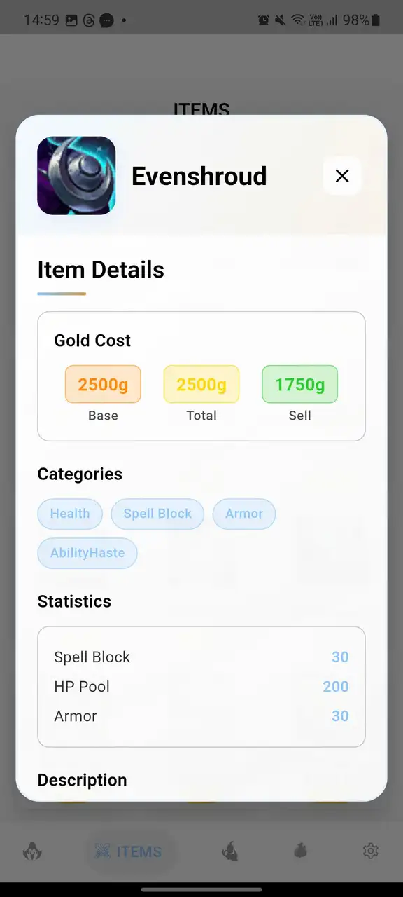 The item details sheet for Evenshroud