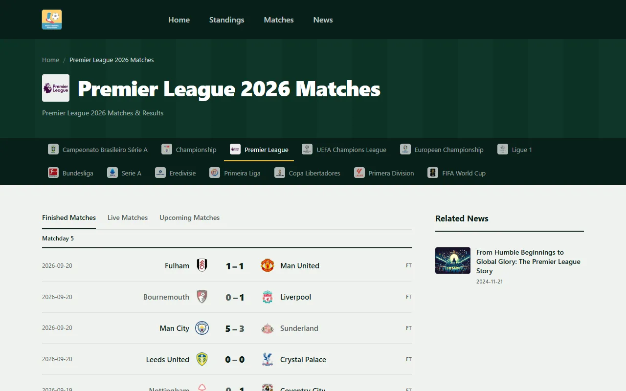 The matches page showing recent results